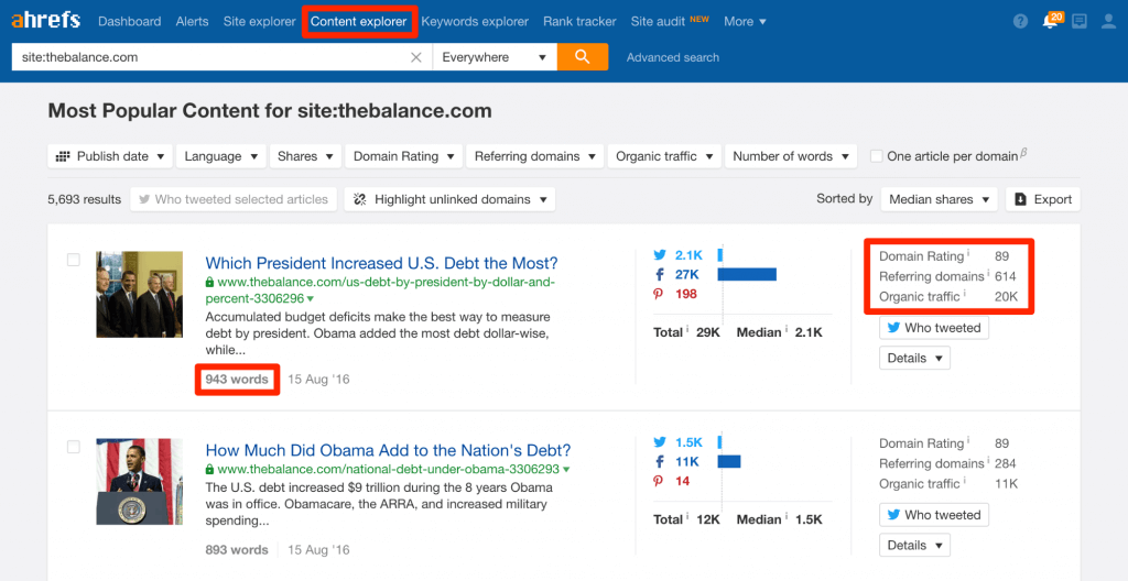 Screenshot of the content explorer tool in Ahrefs.