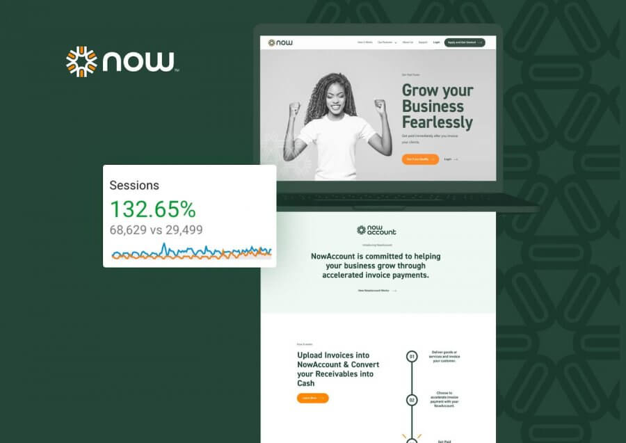 Screenshot of Now's redesigned website with graphs depicting growth results in the margins